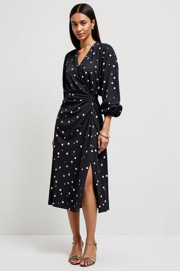 Black Ruched White Polka Dots Wedding Guest Dress with Slit
